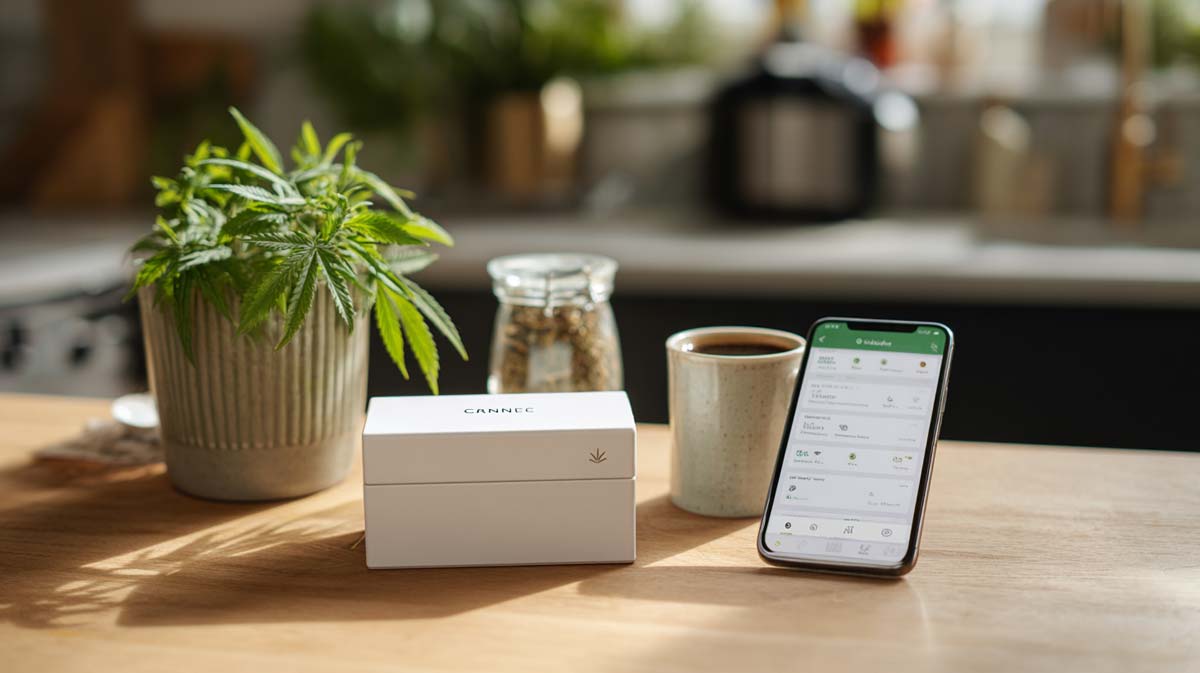 Cannabis THC Produkte auf einem Tisch neben einem Smartphone